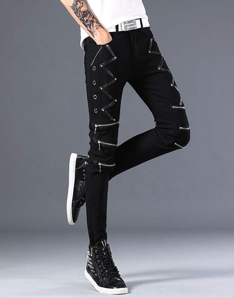 Idopy Men`s Punk Gothic Night Club Party Buckles Motorcycle Pants Biker Jeans (30, Black 1610) - Image 4
